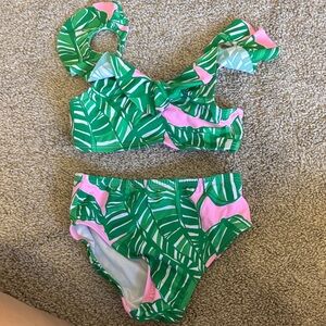 Lilly Pulitzer Green and Pink Palm Ruffle Two-Piece Swim Set